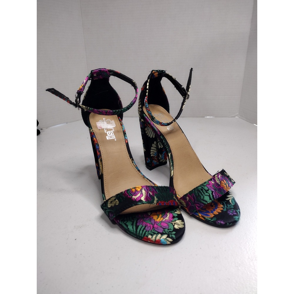 Brash Floral Tapestry Block Heel Sandals Black‎ Multi Metallic Ankle Strap 6.5